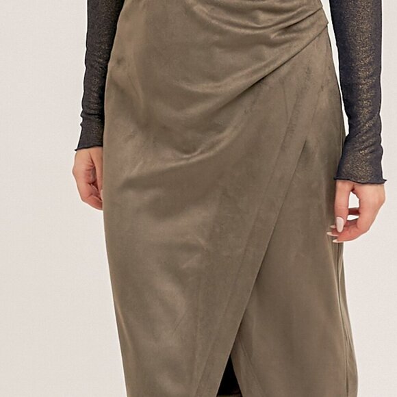 HEM & THREAD Olive Green Faux Suede Wrap Midi Skirt, Chic Draped Pencil Skirt - Picture 2 of 5